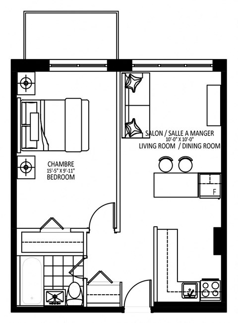 Floor plan for 1 bed, 1 bath, 511 sqft